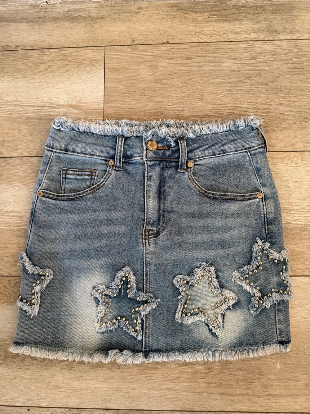 Nina Rossi Denim Mini Skirt with Beaded Star Appliqués - Light Blue